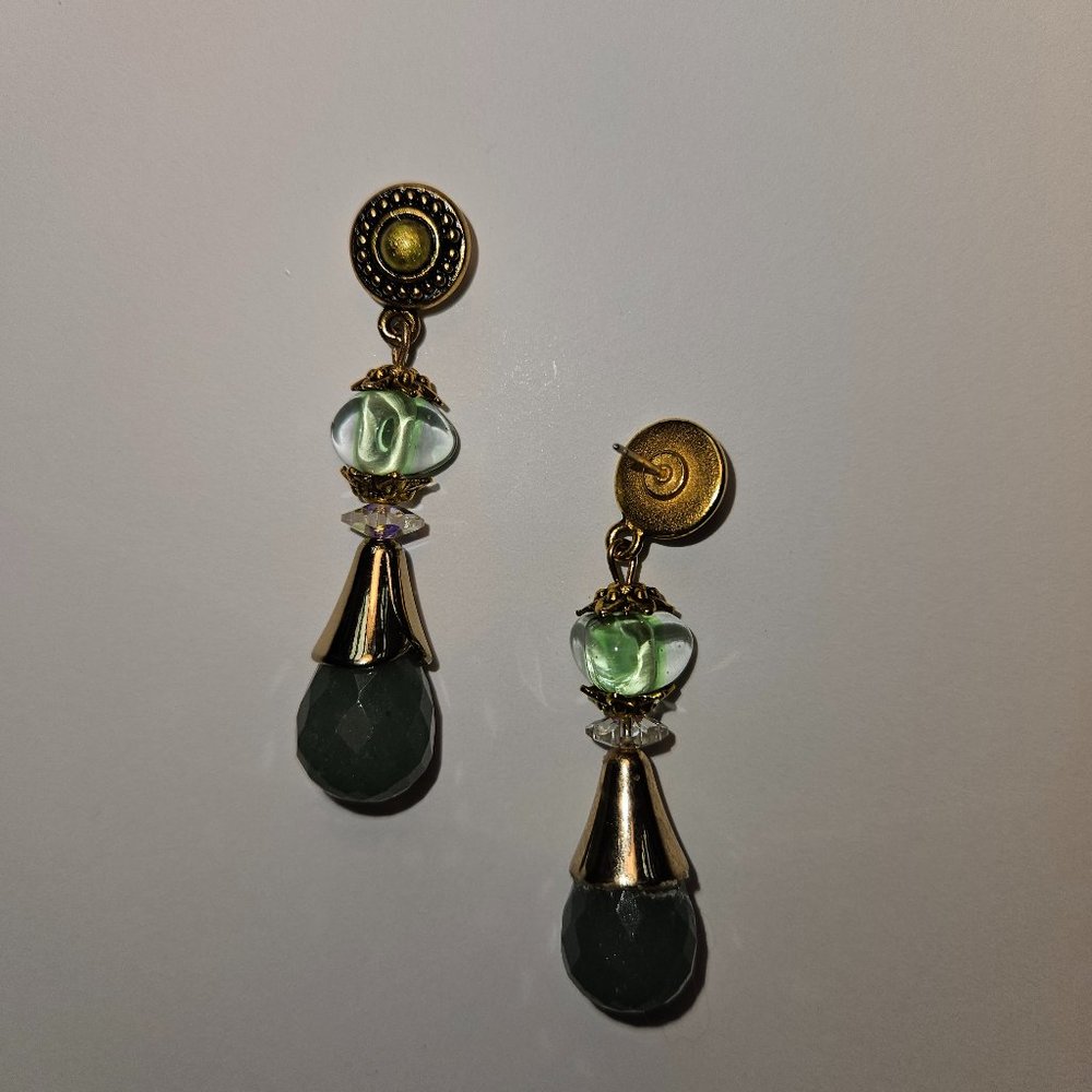 Nostalgia - Aventurine , Glass , and Swarovski dangling post earring